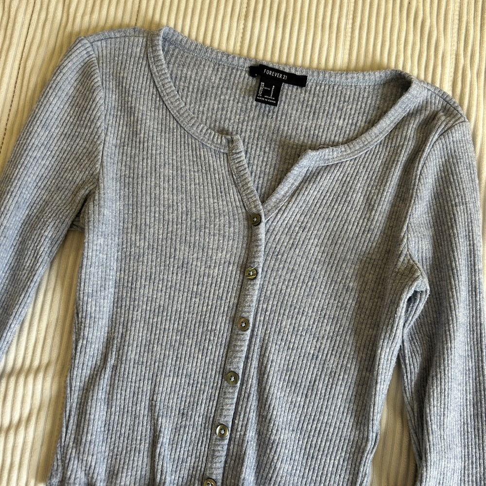 Gray Ribbed Button-Up Women's Top - Picture 2 of 3
